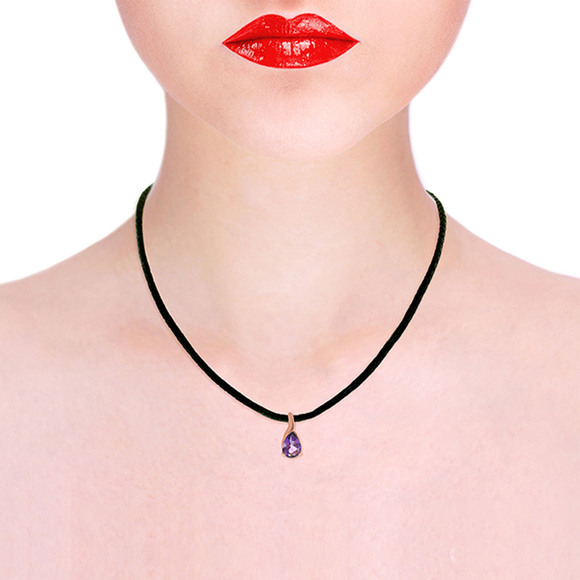 14K. GOLD & LEATHER NECKLACE WITH NATURAL AMETHYST (Rose Gold) - Picture 2 of 2